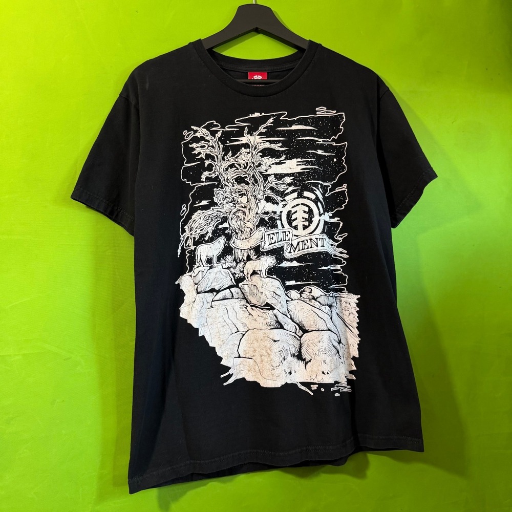 Y2K Element Skateboards Graphic T-Shirt Mens Medium Black Wolf Tree Made in USA